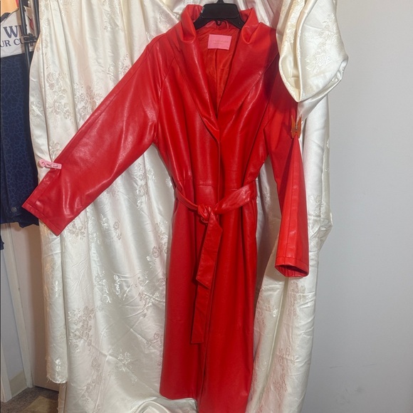 Vibrant Red Faux Leather Trench Coat - Picture 1 of 5